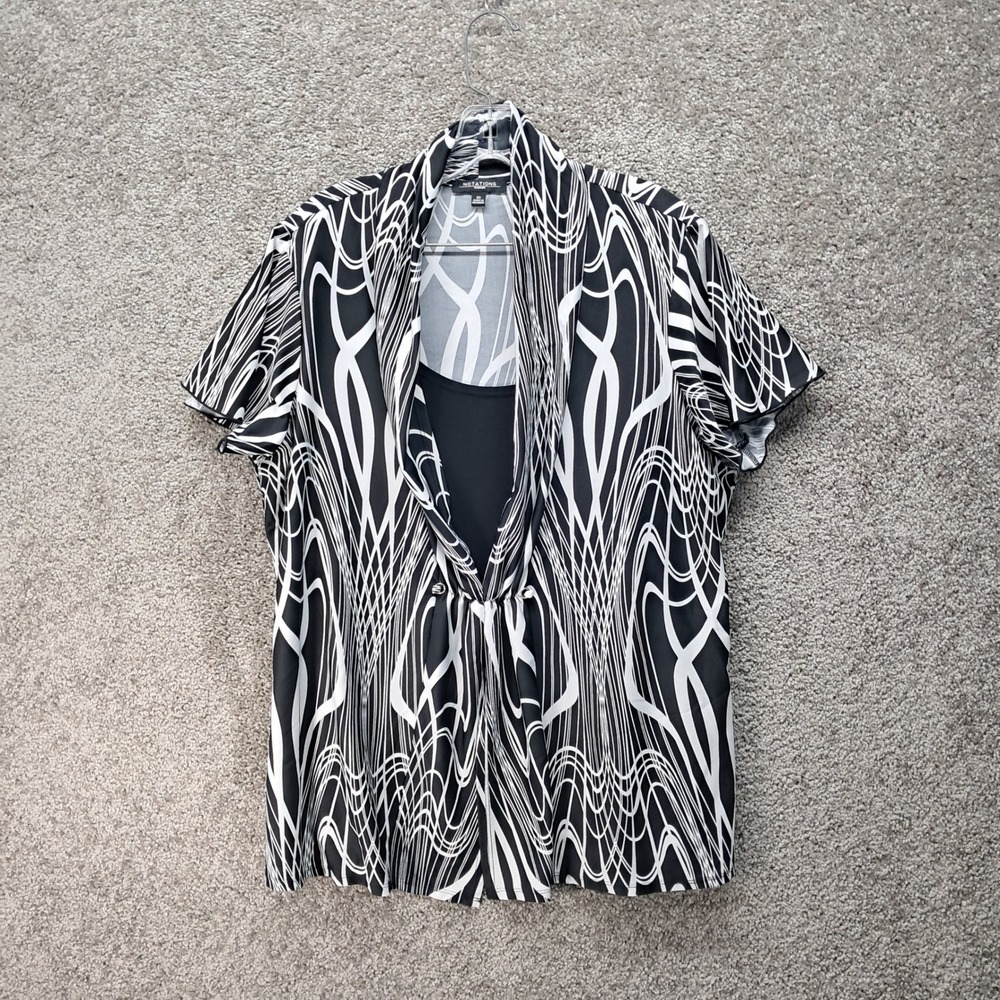 Notations Woman Black White Geometric Abstract Layered Blouse 2X WITF1275